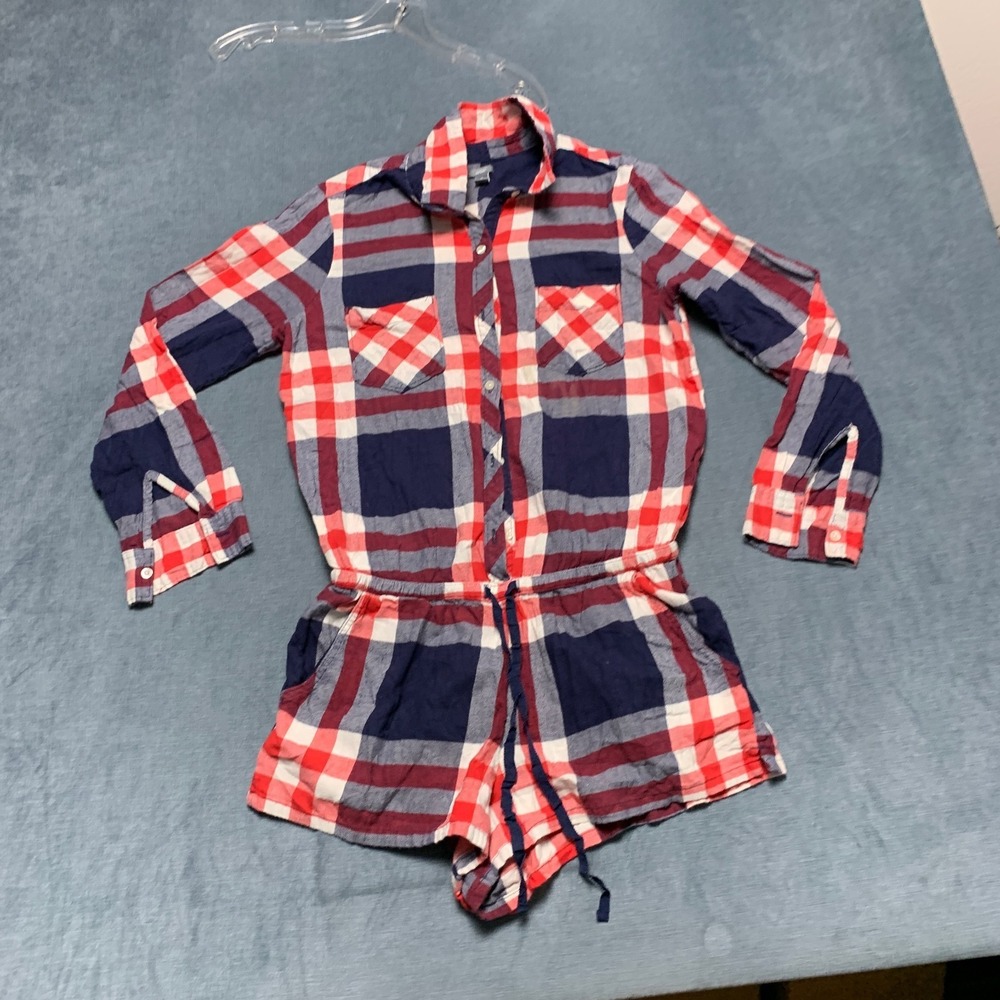Aerie Flannel Romper Womens Medium Multicolor Plaid Chest Pockets Button Front
